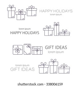 Set of vector banners with thin line icons of gift boxes. Concept for gift wrapping, cards, celebrations logo.