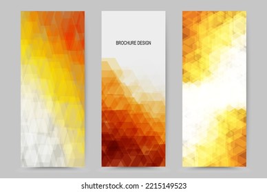 Set of vector banners, three banners with a geometric background in the form of orange transparent hexagons, design element