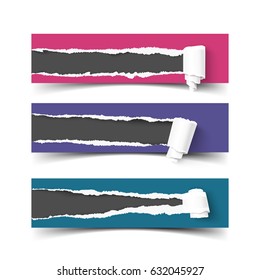 Set of vector banners torn paper with roll and ripped edges. Hole in paper, ripped edges.