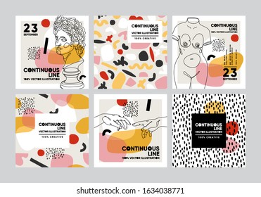 Set of vector banners in trendy contemporary style. Modern abstract cards with ancient sculpture.
