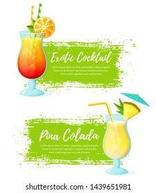 Set of vector banners with tropical cocktails. Paint brush strokes with place for text. Modern illustration isolated on a white background.