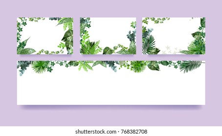set of vector banners, tropical leaves for design of wedding invitations, festive menu, greeting cards