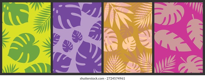 Conjunto de Anuncios de Vector. Conjunto de fondos de verano de hojas de monstruo tropical. fondos de patrón de hojas de palma en paletas de colores modernos audaces. Elegantes Ilustraciones vectoriales botánicas perfectas para diseños de verano