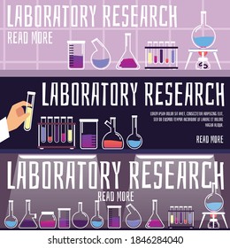 Set of vector banners with various glass test tubes, flasks and beakers. Science equipment in school, medical or chemistry laboratory for experiment, analysis or research