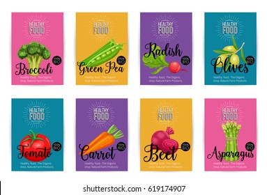 Set of vector banners with vegetables. Healthy food concept for farmers market menu design.