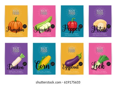 Set of vector banners with vegetables. Healthy food concept for farmers market menu design.