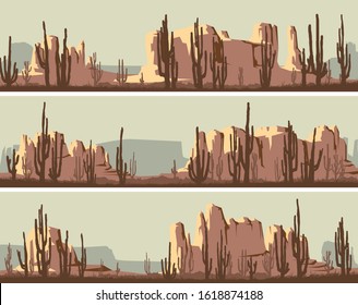 Set of vector banners of wild west desert area with rocks and cacti.