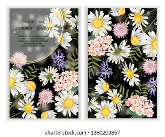 Set of Vector banners with wildflower flowers on black background. Template for greeting cards, wedding decorations, invitation, sales, packaging. Spring or summer design. Floral poster, invite.