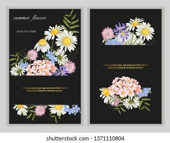 Set of Vector banners with wildflower flowers on black. Template for greeting cards, wedding decorations, invitation, sales, packaging. Spring or summer design. Floral poster, invite.