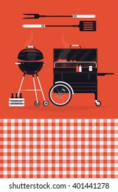 Set of vector barbecue themed design elements and illustrations featuring barbecue apparatus, coal grill, paddle, fork, beer crate with bottles and red checkered tablecloth background
