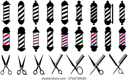 set Vector Barber colecciones de ícono de poste. tijeras cruzadas y símbolo de peine. ilustración de diseño de letrero de barbería
