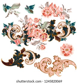 Set of vector baroque ornaments with flowers