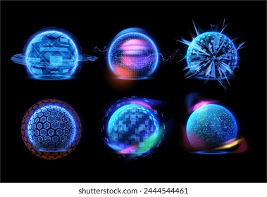 A set of vector barrier spheres with a three-dimensional grid. A technological shield with a protective energy field on a black background for a futuristic safety design.