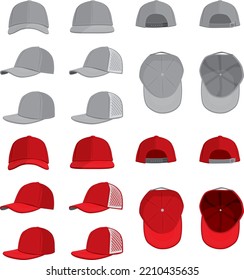 Set of vector baseball hats in a variety of styles and angles