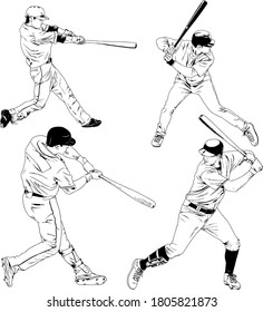 Set of vector with baseball sport theme hands drawn ink drawings isolated on white
