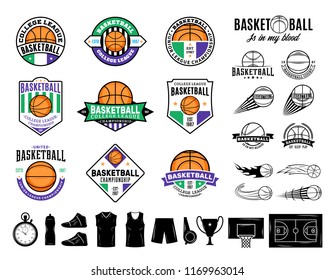 Set of vector basketball logo, labels and icons for sport teams, tournaments and organizations.
