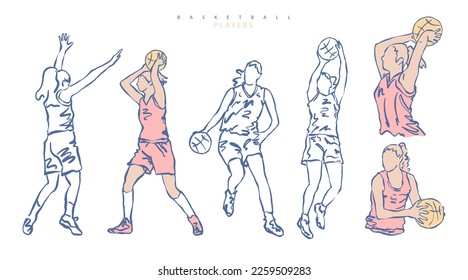 Set vector basketball players, silhouettes. Sketches of girls. Women's sport.