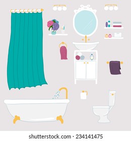 Set of vector bathroom and personal hygiene icons with bathtubs towel hand basin toilet mirror toiletries toothbrush  toilet paper hand-drawn illustrations  flowers