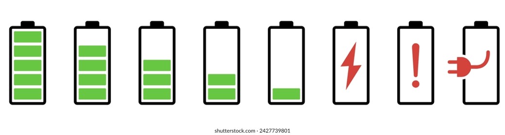 Set of vector battery charging icons. Battery level symbols. Battery level indicator. Fast charge icon.