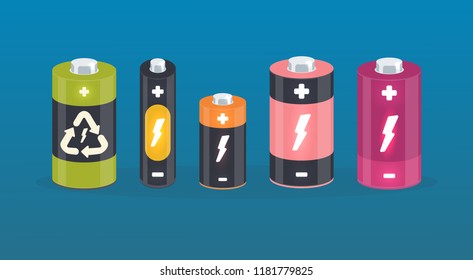 Set of vector battery cylinder elements with lightning, plus and minus signs. Isolated accumulators. charging icon. 