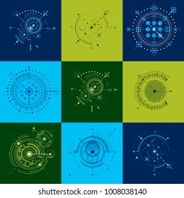 Set vector Bauhaus abstract backgrounds made with grid and overlapping simple geometric elements, circles. Retro artworks, technology style graphic templates for advertising poster.