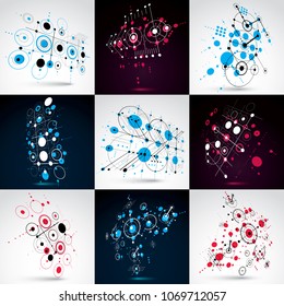 Set of vector Bauhaus abstract backgrounds made with grid and overlapping simple geometric elements, circles. Retro artworks, technology style graphic templates for advertising poster.