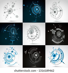 Set of vector Bauhaus abstract backgrounds made with grid and overlapping simple geometric elements, circles and lines. Retro style artworks, graphic templates for advertising poster.
