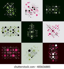 Set of vector Bauhaus abstract backgrounds made with grid and overlapping simple geometric elements, circles and lines. Retro style artworks, graphic templates for advertising poster.