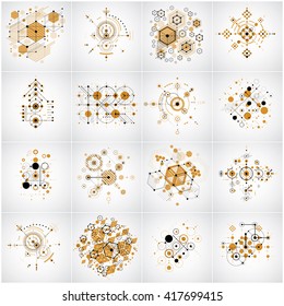 Set of vector Bauhaus abstract backgrounds made with grid and overlapping simple geometric elements, circles and honeycombs. Retro style artworks, graphic templates for advertising poster.