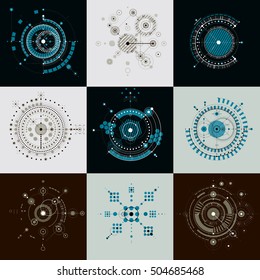Set vector Bauhaus abstract backgrounds made with grid and overlapping simple geometric elements, circles. Retro artworks, technology style graphic templates for advertising poster.