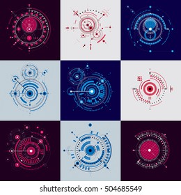 Set vector Bauhaus abstract backgrounds made with grid and overlapping simple geometric elements, circles. Retro artworks, technology style graphic templates for advertising poster.