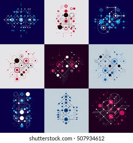 Set of vector Bauhaus abstract backgrounds made with grid and overlapping simple geometric elements, circles and lines. Retro style artworks, graphic templates for advertising poster.