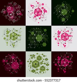 Set of vector Bauhaus abstract backgrounds made with grid and overlapping simple geometric elements, circles and honeycombs. Retro style artworks, graphic templates for advertising poster.