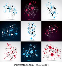Set of vector Bauhaus abstract backgrounds made with grid and overlapping simple geometric elements, circles. Retro artworks, technology style graphic templates for advertising poster.