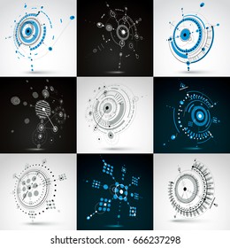 Set of vector Bauhaus abstract backgrounds made with grid and overlapping simple geometric elements, circles and lines. Retro style artworks, graphic templates for advertising poster.