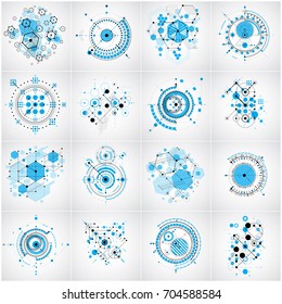 Set of vector Bauhaus abstract backgrounds made with lines grid and overlapping geometric elements, circles and hexagons. Retro artworks, technology style graphic templates for advertising poster.