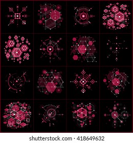 Set of vector Bauhaus abstract red backgrounds made with grid and overlapping simple geometric elements, circles and honeycombs. Retro style artworks, graphic templates for advertising poster.