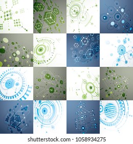 Set vector Bauhaus backgrounds made with grid and overlapping geometric elements, circles and honeycombs. Retro artworks, technology style dimensional graphic templates for advertising poster.