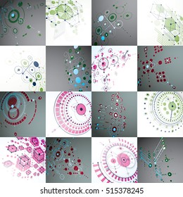 Set vector Bauhaus backgrounds made with grid and overlapping geometric elements, circles and honeycombs. Retro artworks, technology style dimensional graphic templates for advertising poster.