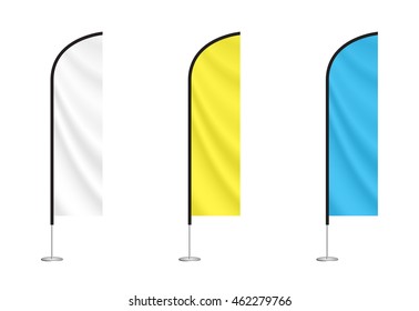 set of vector beach flags isolated on white background. blank event flags. white, yellow and blue feather flags