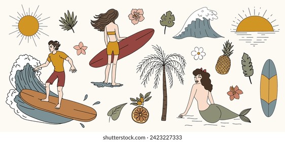 Set of vector beach and vacation elements. Surfing, summer mood
