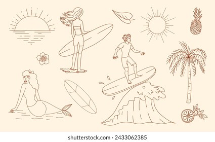 Set of vector beach and vacation elements. Retro style