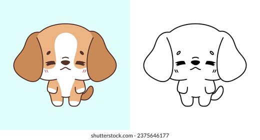 Set Vector Beagle Dog Multicolored and Black and White. Kawaii Clip Art Puppy. Cute Vector Illustration of a Kawaii Pet for Stickers, Baby Shower, Coloring Pages. 