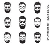 Set of vector bearded men faces, hipsters with different haircuts, mustaches, beards. Silhouettes, emblems, icons, labels.