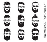 Set of vector bearded men faces hipsters with different haircuts, mustaches, beards. Silhouettes, avatars, heads, emblems, icons, labels.