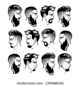 Set of vector bearded men faces profile hipsters heads with different haircuts, mustaches, beards. Silhouettes or avatars, emblems and icons, labels