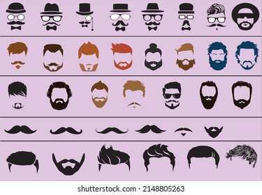 Set of vector bearded men faces hipsters with different haircuts, mustaches, beards, sunglasses. Silhouettes, avatars, emblems, icons, labels.