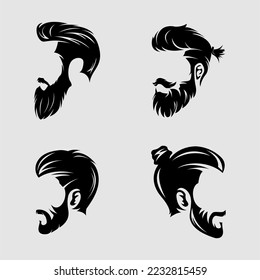 Un conjunto de hombres vectoriales con barba se enfrenta a hipsters con diferentes cortes de pelo, bigotes, barbas. Silhouettes, avatares, cabezas, emblemas, íconos, etiquetas para logotipos de barbería vintage