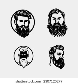 Set of vector bearded men faces hipsters with different haircuts, mustaches, beards. Perfect for Silhouettes, avatars, heads, emblems, icons, labels.