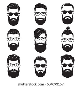Набор векторов бородатых мужчин сталкивается с хипстерами с различными стрижками, усами, бороды. Силуэты, аватары, головы, эмблемы, иконы, этикетки.